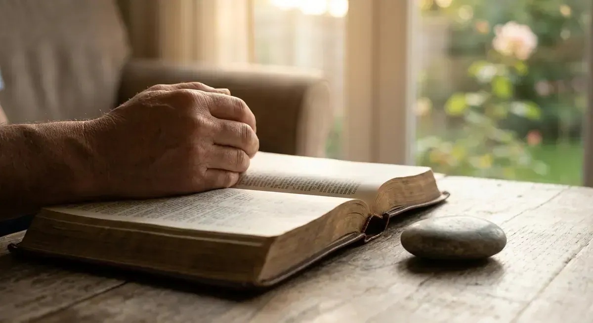 Older woman reflecting with an open Bible in morning light